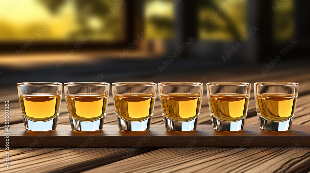Glasses of alcohol with ice cubes on a dark background