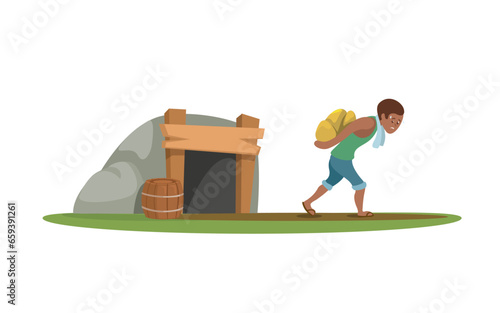 Traditional Miner Working, Slavery In Mining Industry Cartoon illustration Vector photo