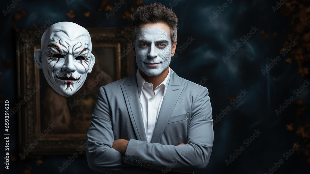 Portrait of man with scary face mask. Two faces, duplicitous, changing personality. Portrait of man with scary face mask. Two faces, duplicitous, changing personality.