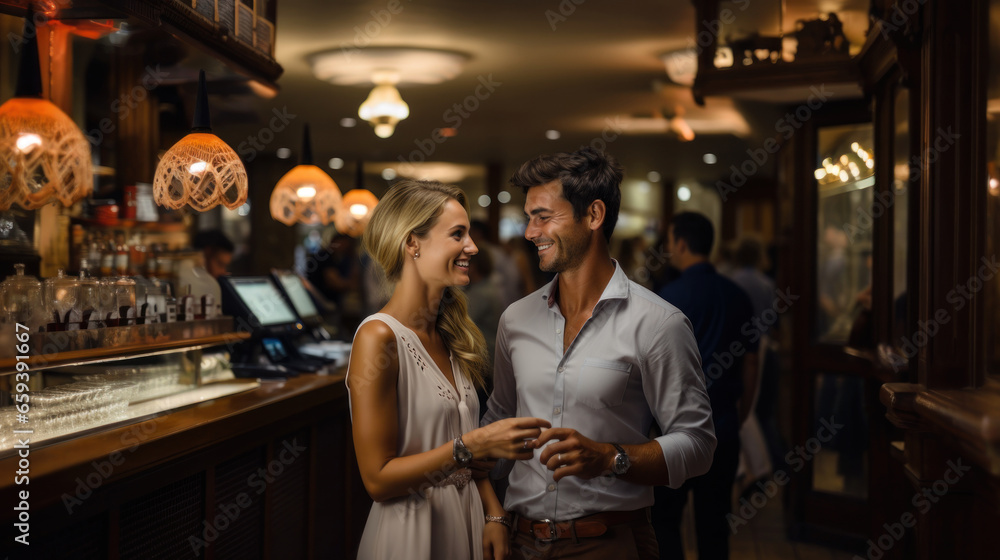 Couple looking at each other in a bar counter in a pub. - obrazy, fototapety, plakaty 