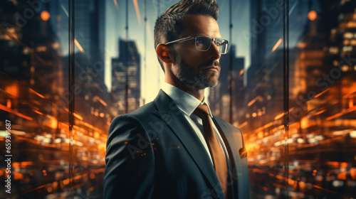 Double exposure of a handsome man in a business suit and glasses.