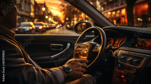Drunk man driving a car with a glass of beer in his hand. © AS Photo Family