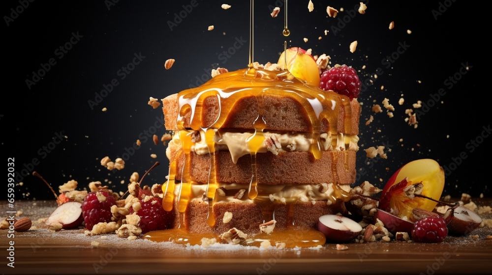 Photographed in a studio, a sponge cake with a honey splash on top and flying fruits and nuts.