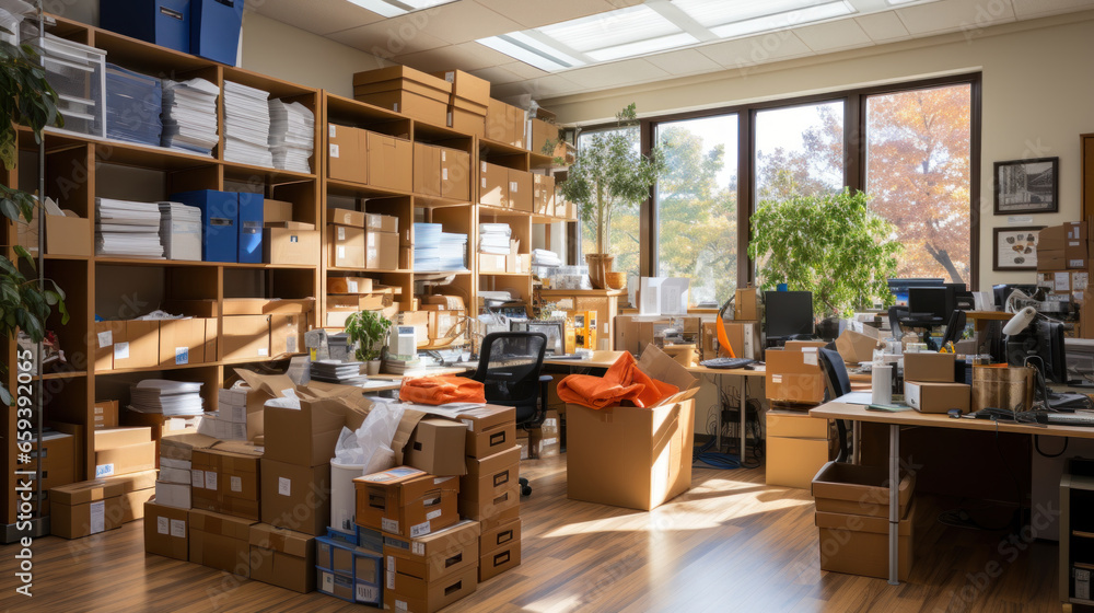 Many boxes in the office of a small business. Workplace mess. Many boxes in the office of a small business. Workplace mess.
