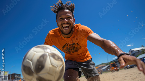 Portrait of happy brazilian man playing football on beach. © AS Photo Family