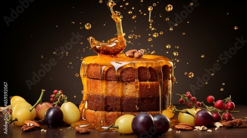 Photographed in a studio, a sponge cake with a honey splash on top and flying fruits and nuts. photo