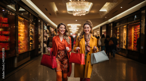 Two beautiful women shopping in the mall, holding paper bags and smiling.