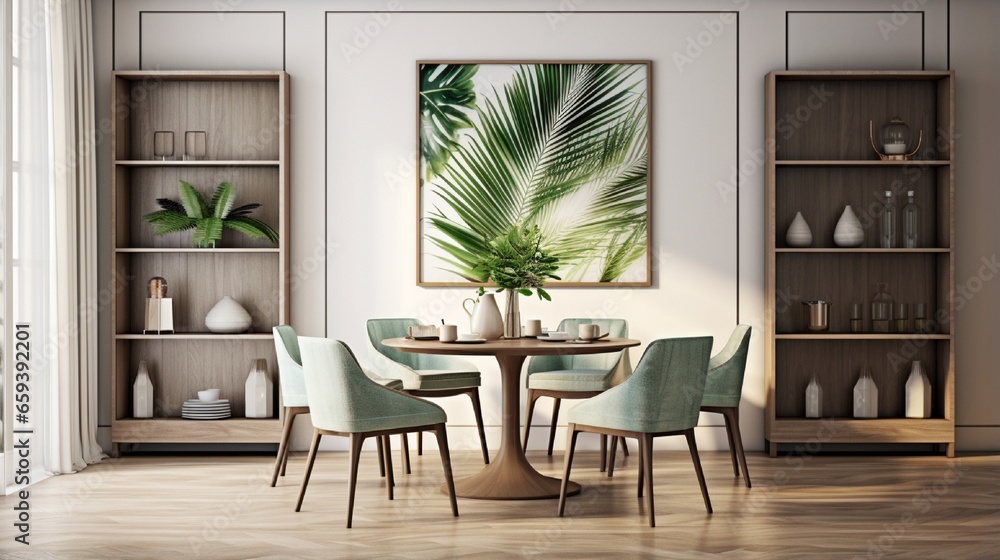 Stylish dining room interior design with design table, modern chairs, decoration, tropical leaf in vase, fruits, bookcase, abstract mock up paintings, and beautiful home decor accessories. Stylish dining room interior design with design table, modern chairs, decoration, tropical leaf in vase, fruits, bookcase, abstract mock up paintings, and beautiful home decor accessories.