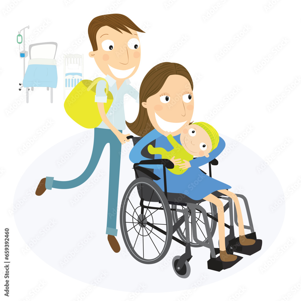 Husband pushing pregnant wife in a wheelchair leaving at the maternity ward with their newborn baby. Vector Illustration. Husband pushing pregnant wife in a wheelchair leaving at the maternity ward with their newborn baby. Vector Illustration.