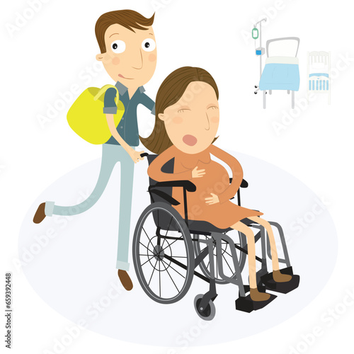 Husband pushing pregnant wife in a wheelchair arriving at the maternity ward in labor. Vector Illustration.