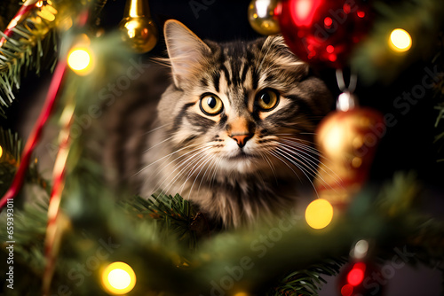 tabby cat near christmas tree