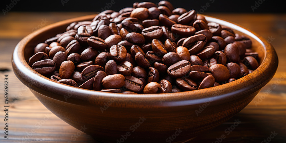 Fototapeta premium Coffee beans banner. Bowl full of coffee beans. Close-up food photography background