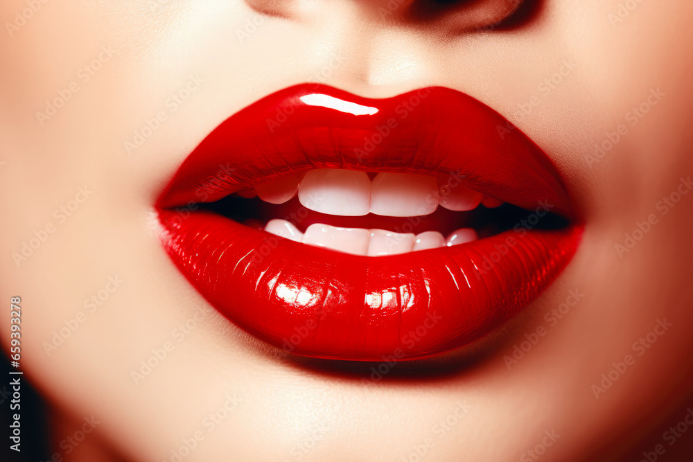 Obraz premium Passionate red lips close up. Beautiful perfect makeup - cosmetic beauty procedures. Sexy woman red lips