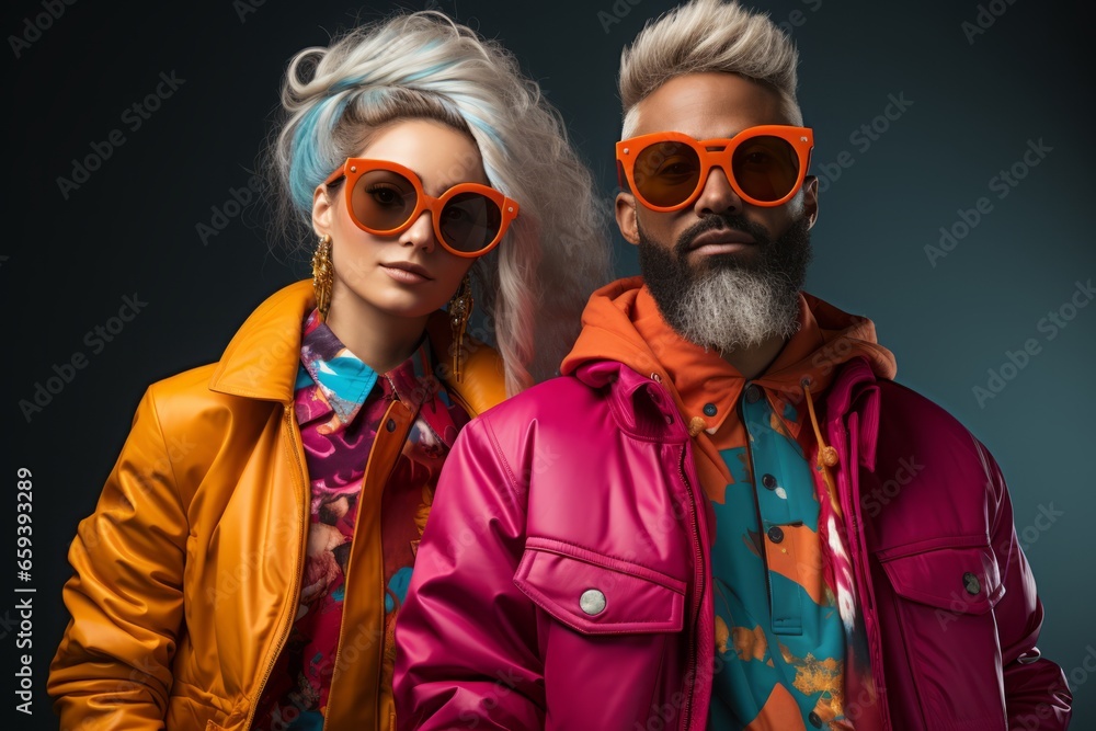 Trendy couple in bold and vibrant clothing, showcasing their unique and expressive personalities, Generative AI