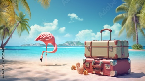 Tropical summer vacation background with suitcase and flamingo. 