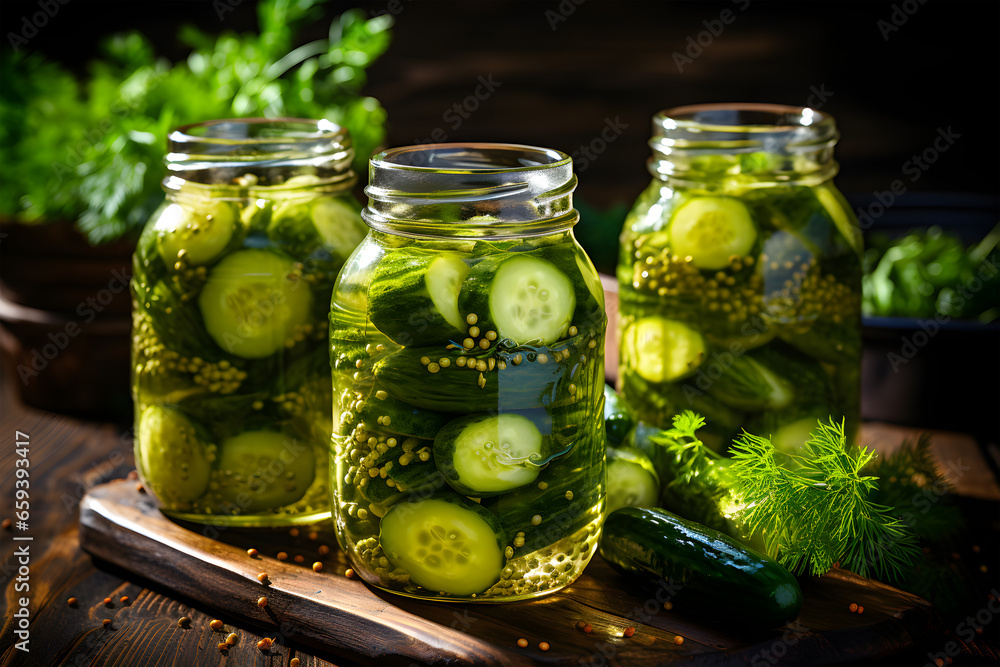 lightly salted cucumbers Harvesting cucumbers for the winter in jars with dill and garlic. Fermented vegetables.