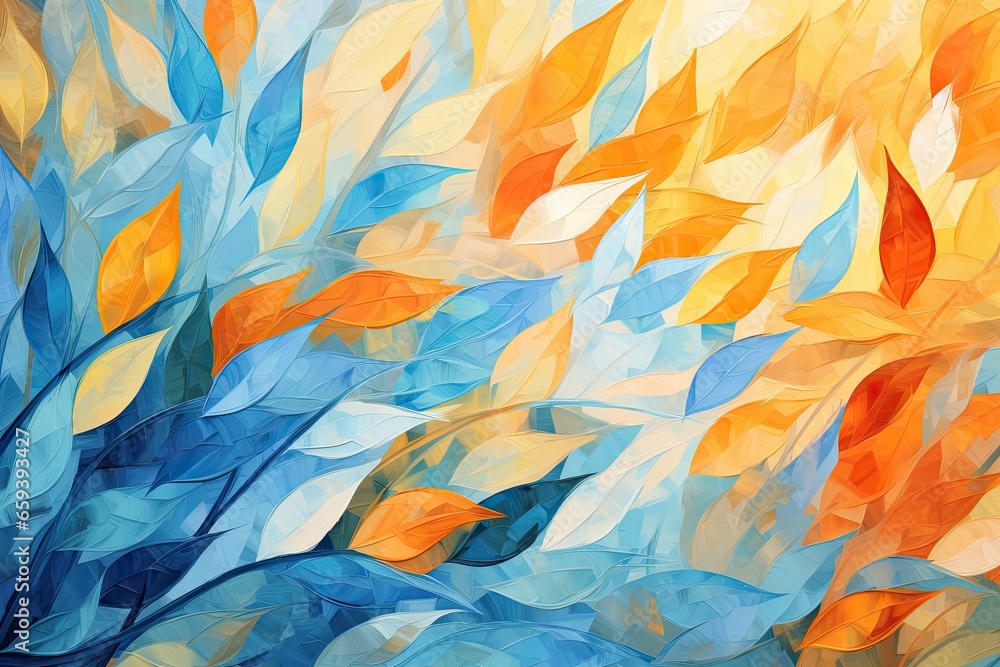 A beautiful painting for an autumn background with orange and blue leaves. Generative AI A beautiful painting for an autumn background with orange and blue leaves. Generative AI
