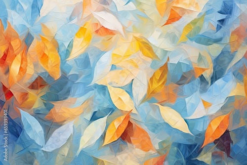 A beautiful painting for an autumn background with orange and blue leaves. Generative AI