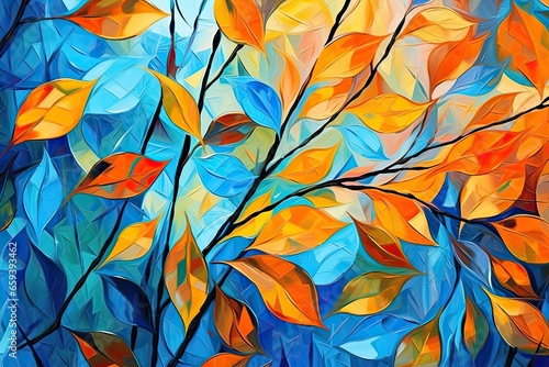 Wallpaper Mural A beautiful painting for an autumn background with orange and blue leaves. Generative AI Torontodigital.ca