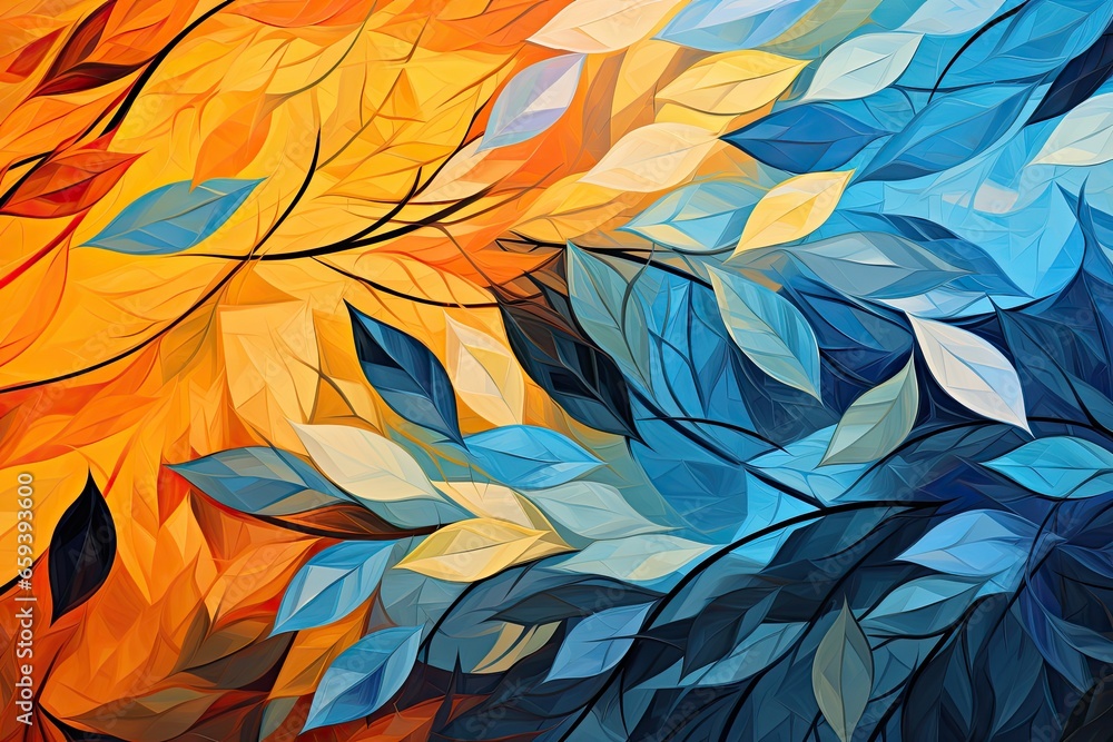 A beautiful painting for an autumn background with orange and blue leaves. Generative AI