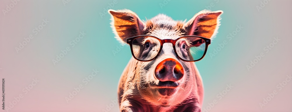 Boar in sunglass shade on a solid uniform background, editorial advertisement, commercial. Creative animal concept. With copy space for your advertisement