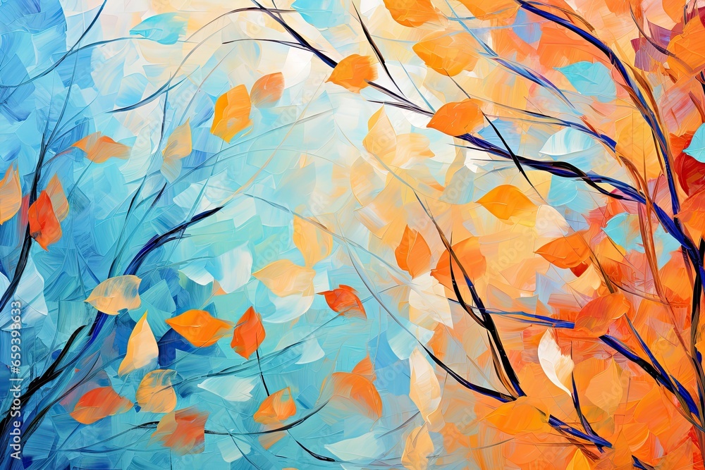 A beautiful painting for an autumn background with orange and blue leaves. Generative AI A beautiful painting for an autumn background with orange and blue leaves. Generative AI