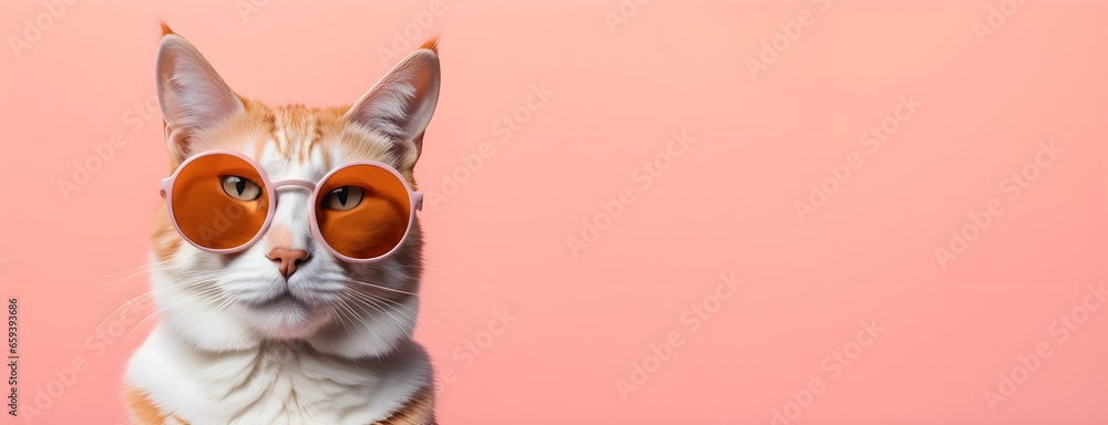 Cat in sunglass shade on a solid uniform background, editorial advertisement, commercial. Creative animal concept. With copy space for your advertisement
