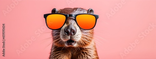 Beaver in sunglass shade on a solid uniform background, editorial advertisement, commercial. Creative animal concept. With copy space for your advertisement © 360VP