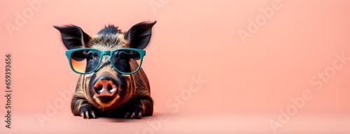 Boar in sunglass shade on a solid uniform background, editorial advertisement, commercial. Creative animal concept. With copy space for your advertisement