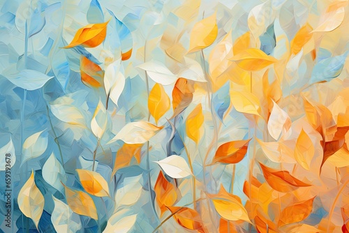 A beautiful painting for an autumn background with orange and blue leaves. Generative AI