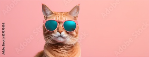 Cat in sunglass shade on a solid uniform background, editorial advertisement, commercial. Creative animal concept. With copy space for your advertisement 