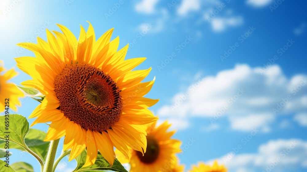 close-up of a sunflower with a blue sky background.