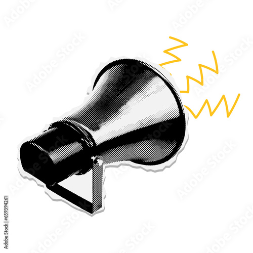 Collage element of loudspeaker. Vector illustration with halftone back view for decoration of advertising, promotion. Retro banner sticker with cut out paper element. Vector. Lightning blah lines.