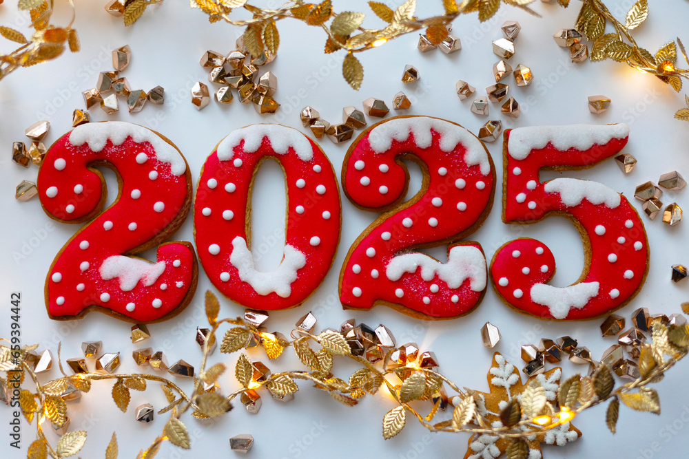 Christmas and New Year banner gingerbread cookies numbers 2025 on white