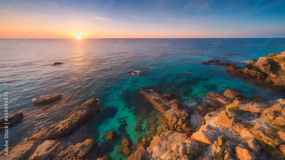 Obraz premium Beautiful seascape. Panoramic view of sunset over the sea.