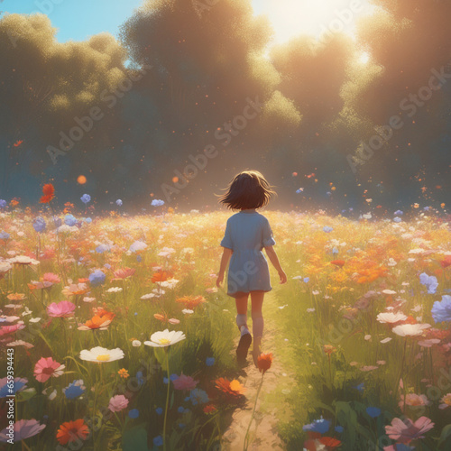 a happy child in a field of flowers in the sunlight