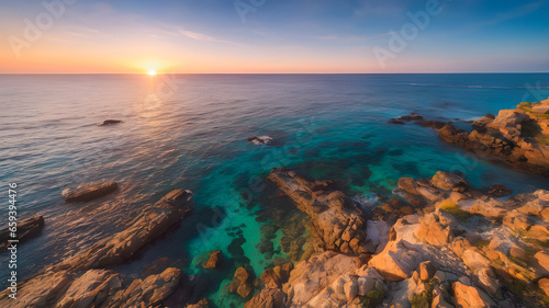 Beautiful seascape. Panoramic view of sunset over the sea.