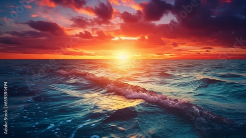 At the water, the sun sets. The rising sun has a wide range of colors and hues. The seascape.