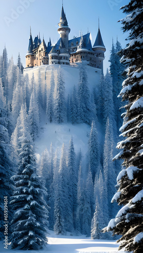Beautiful Castle in winter forest