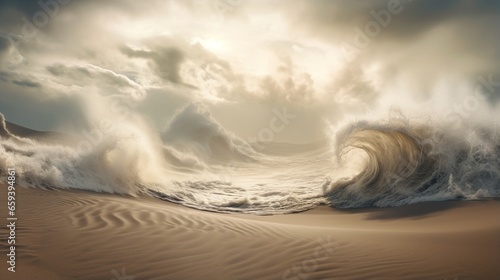 Surreal sight of massive waves encircling parched sand.