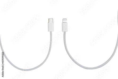 Fabric braided Lightning to USB type C cable white isolated on white background.