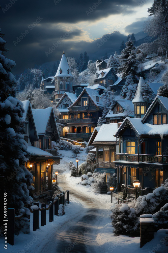 Scenic Christmas Village Postcard: Snowy Mountains, Cozy Cottages, and Holiday Magic. Generative AI