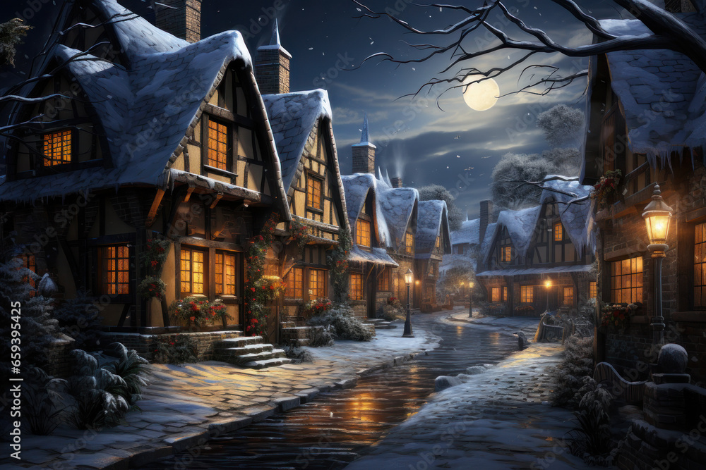 Winter Wonderland Postcard, Serene Christmas Village in the Snow - Festive, Cozy, and Magical. Generative AI