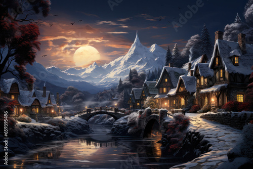 Winter Wonderland Postcard  Serene Christmas Village in the Snow - Festive  Cozy  and Magical. Generative AI