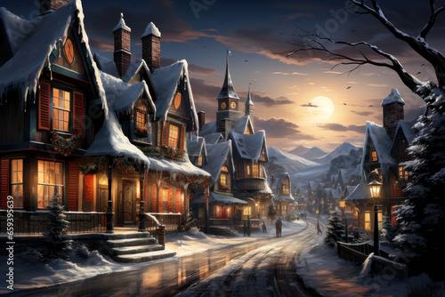 Enchanting Christmas Village in Snowy Mountains Postcard  generative AI
