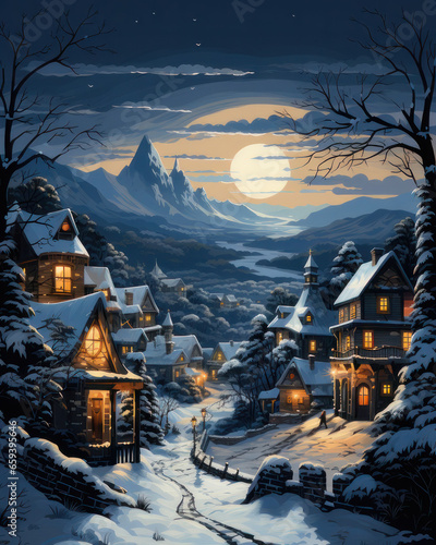 Enchanting Christmas Village in Snowy Mountains Postcard, generative AI photo