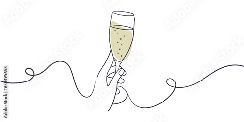Continuous line champagne cheers one line art, continuous drawing contour. Hand toasting with wine glasses with drinks. Cheers toast festive decoration for holidays. Vector illustration