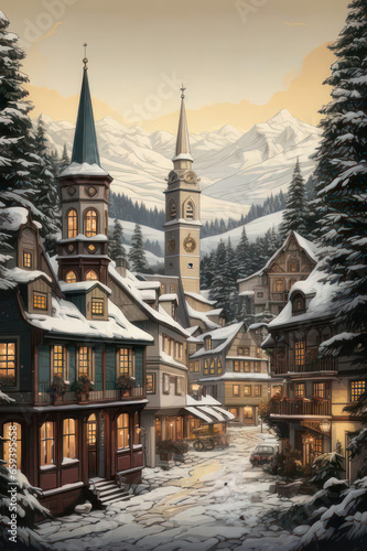 Enchanting Christmas Village in Snowy Mountains Postcard  generative AI