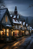 Enchanting Christmas Village in Snowy Mountains Postcard, generative AI
