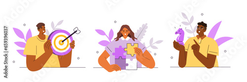 Business concept illustration. Collections of characters assembling jigsaw puzzle, moving chess figure and achieving business goals. Strategic management. Vector illustrations set.